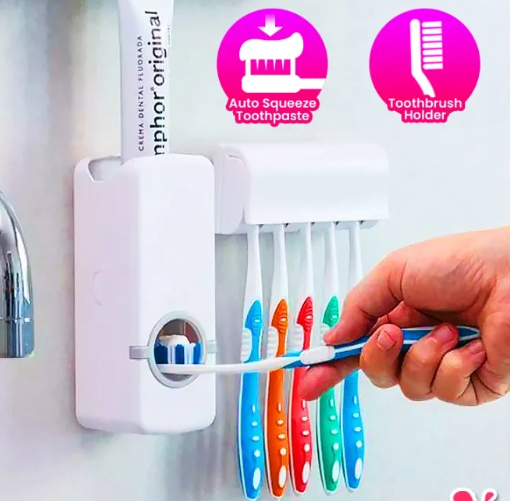 5 Toothbrush Slot Holder with Toothpaste Shaver Dispenser | Squeeze & Wall Mount