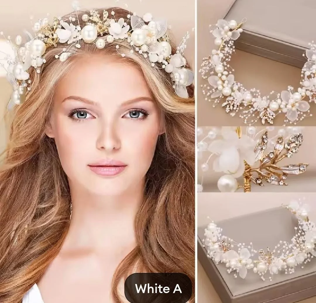Pearl Crowns Flower Headband Bridal Hair Headdress