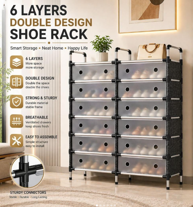 6-Layer Double Row Shoe Rack – Dustproof Shoe Organizer
