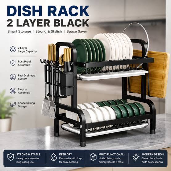 2 Tier Steel Dish Drying Rack – Kitchen Plate Organizer