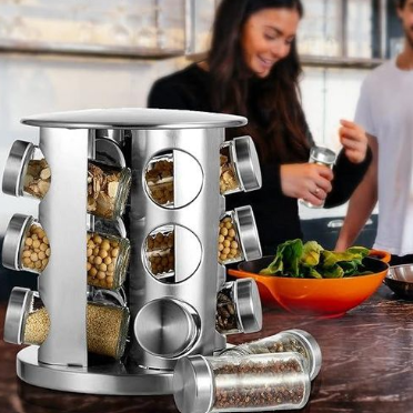 Stainless Steel Spice Rack with 12 Spice Containers – Kitchen Organizer
