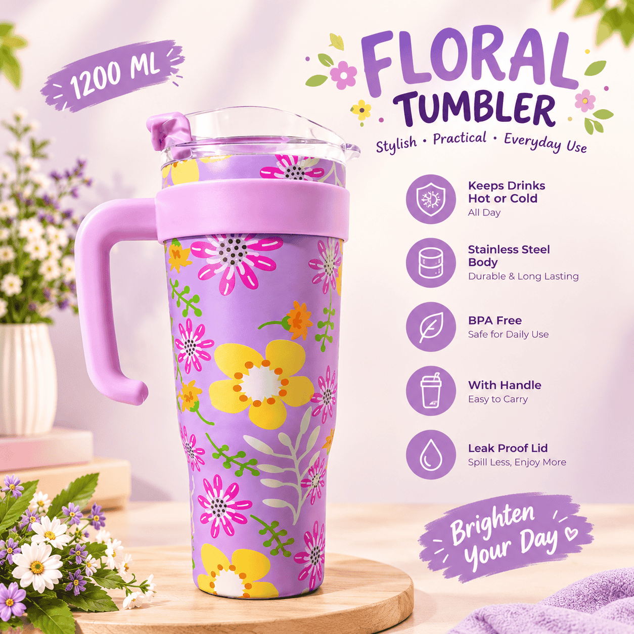 1.2L Stainless Steel Vacuum Insulated Tumbler with Handle & Steel Straw – Design 2