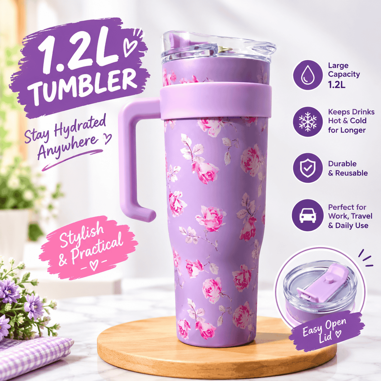 1.2L Stainless Steel Vacuum Insulated Tumbler with Steel Straw - Design 3